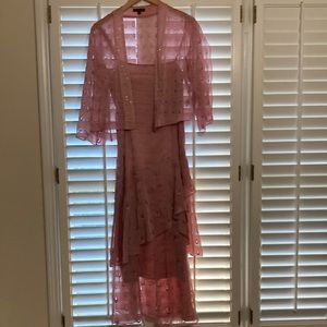 Vintage Mauve Pink Lined Dress w/ Embroidered Eyelets and Beaded Jacket Size 10.